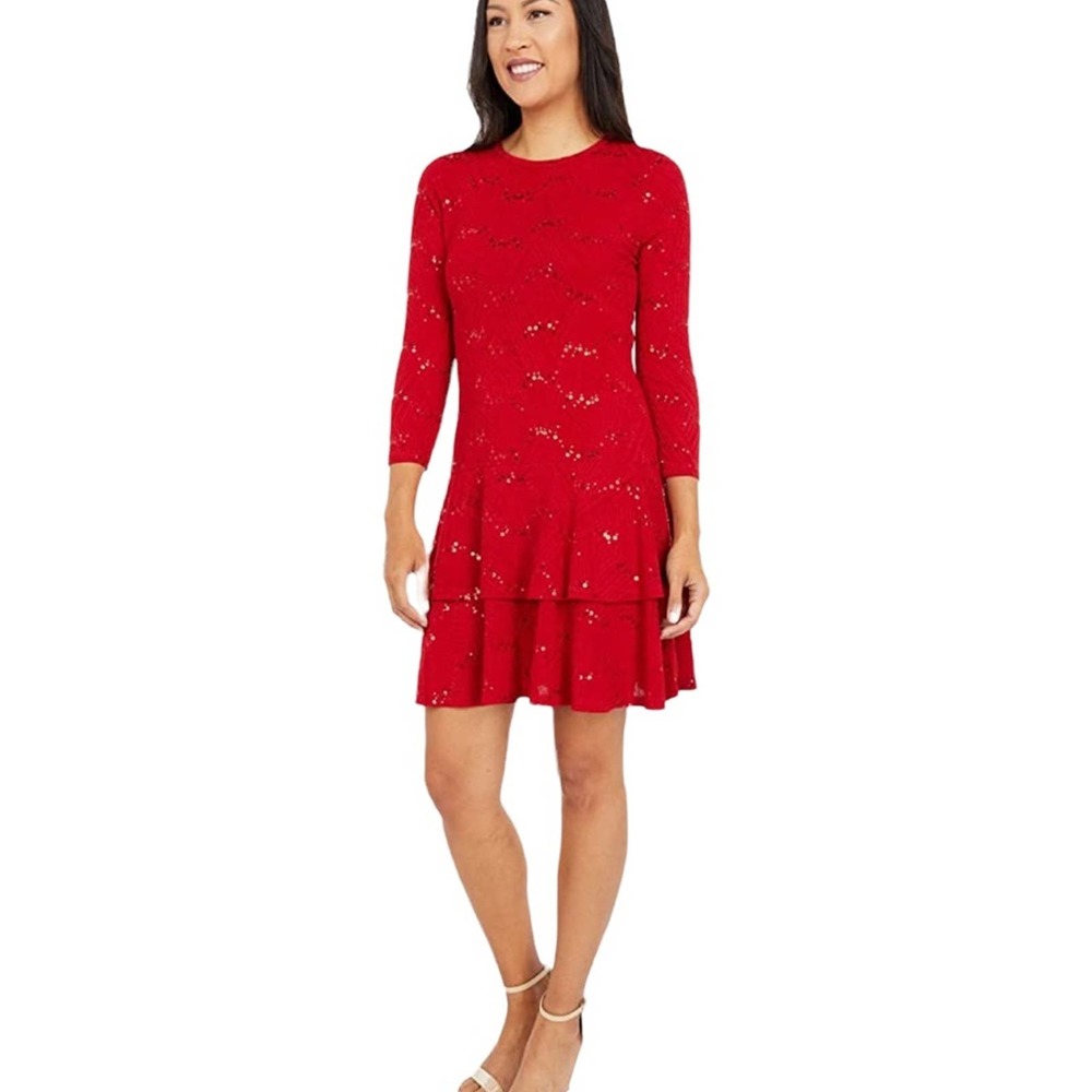 Michael Michael Kors Women's Sequin Jacquard Tiered-Hem A-Line Dress in Red